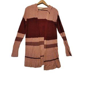 C Pink Red Cardigan Open Front Hooded Long Sweater Size M